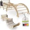 A wooden climbing structure and a rocking lounger are displayed against a white background, with a product tag in the foreground. Náhled obrázku produktu
