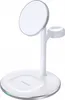 A white 3-in-1 wireless charging stand for iPhones, AirPods, and Apple Watches. Produktbild-Vorschau