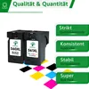 Two printer ink cartridges are shown with marketing text and color swatches. Produktbild-Vorschau