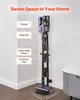 A vacuum cleaner stand with a vacuum cleaner on it, shown in a corner of a room. Voir les images du produit