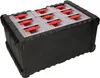 A black storage organizer with clear compartments and red latches. Produktbild-Vorschau