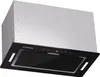 A built-in kitchen range hood, viewed from a three-quarter angle, is presented against a white background. The hood features a black glass panel with a touch control interface and a stainless steel interior. Podgląd zdjęcia produktu