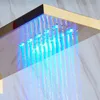 A close-up shot of a modern shower head with integrated LED lights, showing water flowing through it. Podgląd zdjęcia produktu