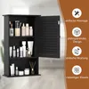 A black bathroom cabinet filled with various toiletries and cosmetic products, with a door partially open. Text and icons highlighting product features are on the right side. Podgląd zdjęcia produktu