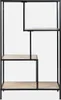 A multi-tiered shelf unit made of black metal and wood-look shelves. Produktbild-Vorschau