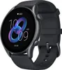A smartwatch with a black strap and a black casing is shown against a black background. The watch face displays the time, date, and a heart icon with a number. Produktbild-Vorschau