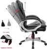 A black office chair with silver accents, shown from a side angle with diagrams illustrating its tilt and tension control features. Produktbild-Vorschau