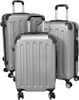 Three silver suitcases of different sizes arranged diagonally.