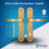 A product image featuring a set of gold door handles and screws against a blue and white gradient background. Anteprima dell’immagine prodotto