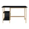 A black and wood-colored desk with shelves on the left side, presented against a white background. Produktbild-Vorschau