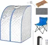 A collection of items related to a personal sauna, including the sauna tent, a chair, a foot massager, a mat, a remote control, and a steam generator. Náhľad obrázku produktu