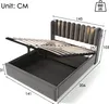 A grey upholstered bed frame with the mattress support system lifted to reveal storage space underneath. Dimensions are indicated with lines and numbers. Náhľad obrázku produktu
