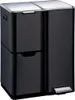 A black dual-compartment trash can with silver lids and pedals. Produktbild-Vorschau