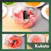 A collage of images showing a manual food chopper with raw meat and chopped meat. Produktbild-Vorschau