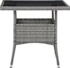 A gray poly rattan garden dining table with a glass top, shown from the front against a white background. Náhľad obrázku produktu