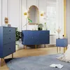 A bedroom setting with a dresser, a sideboard, and a nightstand, all in a navy blue finish with gold accents. Voir les images du produit