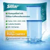 A product image for Sillar water filters, showing two filters with water splashing around them, against a light blue and white background. Text highlights compatibility with Philips coffee machines. Produktbild-Vorschau