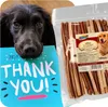 A dog is looking at a thank you card next to a package of dog treats. Produktbild-Vorschau