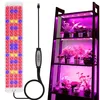 A split image showing a grow light panel on the left and a shelving unit with plants under grow lights on the right. Anteprima dell’immagine prodotto