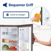 An open refrigerator with food items and drinks, with a text overlay describing its features. Produktbild-Vorschau