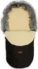 A black baby footmuff with a cream interior and a gray faux fur trim around the hood. Podgląd zdjęcia produktu