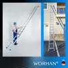 A collage showing a man using a telescopic ladder indoors and the ladder extended outdoors against a house. Produktbild-Vorschau