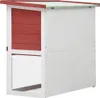 A side view of a red and white wooden rabbit hutch with a wire mesh front. Náhľad obrázku produktu