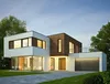 A modern, two-story house with a contemporary design, featuring large windows, a wooden facade, and an attached garage. Produktbild-Vorschau