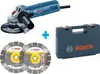 A collage of an angle grinder, two diamond cutting discs, a carrying case, and a plus sign. Produktbild-Vorschau