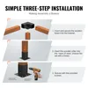 An instructional diagram showing three steps for assembling a wooden structure using metal brackets and screws. Anteprima dell’immagine prodotto