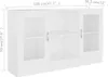 A white cabinet with glass doors and shelves. Dimensions are indicated with text overlays. Produktbild-Vorschau