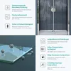 A collage of images showcasing shower door features and durability tests, alongside a picture of a shower enclosure. Produktbild-Vorschau