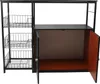 A black metal and wood kitchen storage cabinet with open doors and wire baskets. Voir les images du produit