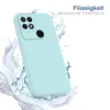 A light blue phone case is shown with water splashes around it, suggesting a water-repellent feature. Produktbild-Vorschau