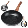 A frying pan with a wooden handle, shown from multiple angles, including a close-up of its speckled interior and a packaging shot with an egg. Produktbild-Vorschau