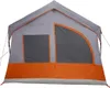 A front view of a gray and orange polyester family tent against a white background. Produktbild-Vorschau