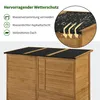 A wooden garden shed with a black roof, accompanied by marketing text and diagrams highlighting its weather protection features. Produktbild-Vorschau
