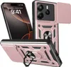 A rose gold phone case with a camera cover and ring holder is displayed from multiple angles, with a phone screen visible in one angle. Produktbild-Vorschau