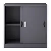 A dark gray metal filing cabinet with two sliding doors and two shelves visible on the left side. Podgląd zdjęcia produktu