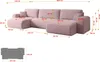 A diagram showing the dimensions of a pink U-shaped sectional sofa, with a smaller diagram of the base at the bottom. Produktbild-Vorschau