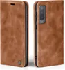 A brown leather flip case for a smartphone is shown from two angles. Produktbild-Vorschau