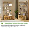 A collage of two images showing a bamboo bookshelf with various decorative items and plants. The bottom of the image has text describing the product's versatility. Produktbild-Vorschau