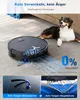 A robot vacuum cleaner is shown on a carpet next to a dog, with graphics highlighting its features. Produktbild-Vorschau