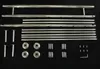 A collection of stainless steel balcony railing components laid out on a black background. Produktbild-Vorschau