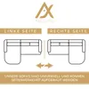 Diagram showing a sofa's left and right side configurations with text indicating it can be assembled in either orientation. Produktbild-Vorschau