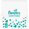The image shows the front of a Pampers Active Baby diaper package, decorated with teal hearts and the Pampers logo. Podgląd zdjęcia produktu