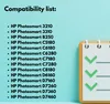 A list of compatible HP Photosmart printers is displayed on a light blue background, next to a stylized notepad with checkmarks. Anteprima dell’immagine prodotto