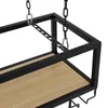 A close-up view of a black metal wine glass rack with a wooden shelf, suspended by chains. Podgląd zdjęcia produktu