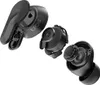 An exploded view of a black wireless earbud, showing its internal components. Produktbild-Vorschau
