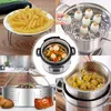 A collage of images showing various kitchen accessories and food items, including pasta, vegetables, eggs, and dumplings, being prepared or displayed. Produktbild-Vorschau